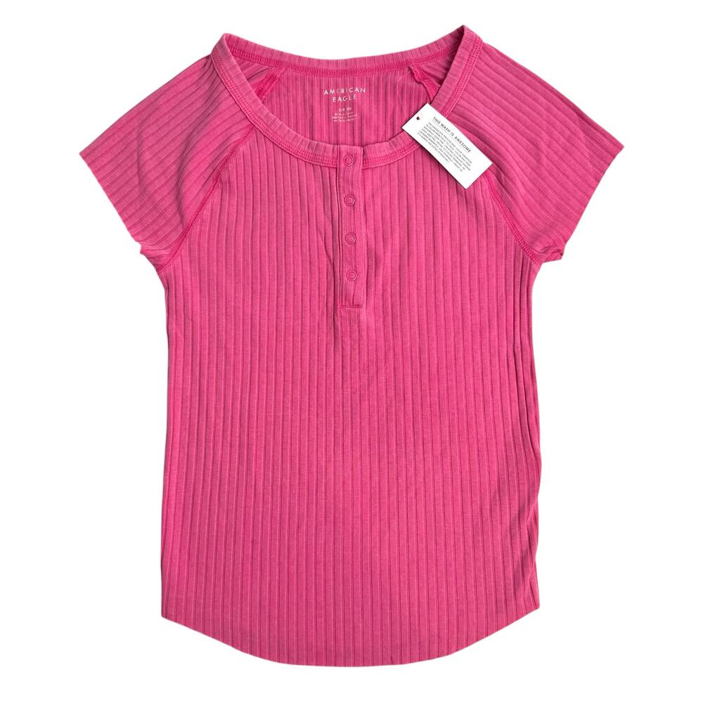 American Eagle Ribbed Henley Tee Size L Pink Short Sleeve Stretch T-Shirt